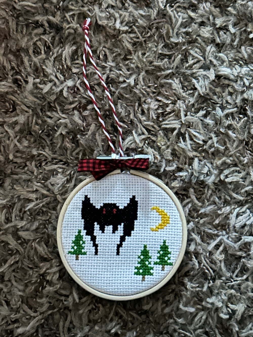 Mothman cross stitch ornament handmade